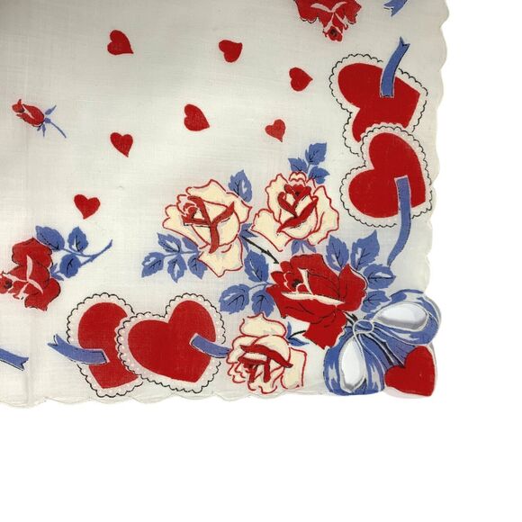 Valentine Red Roses Hearts Handkerchief Hand Painted Cut Out Vintage Love - Picture 2 of 3